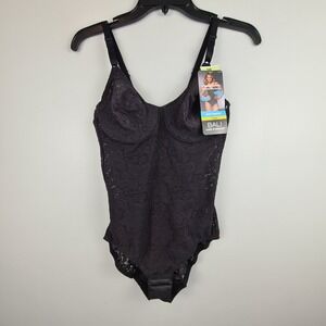 Bali Lace N Smooth Body Briefer Firm Control Shapewear Bodysuit Black 36BB